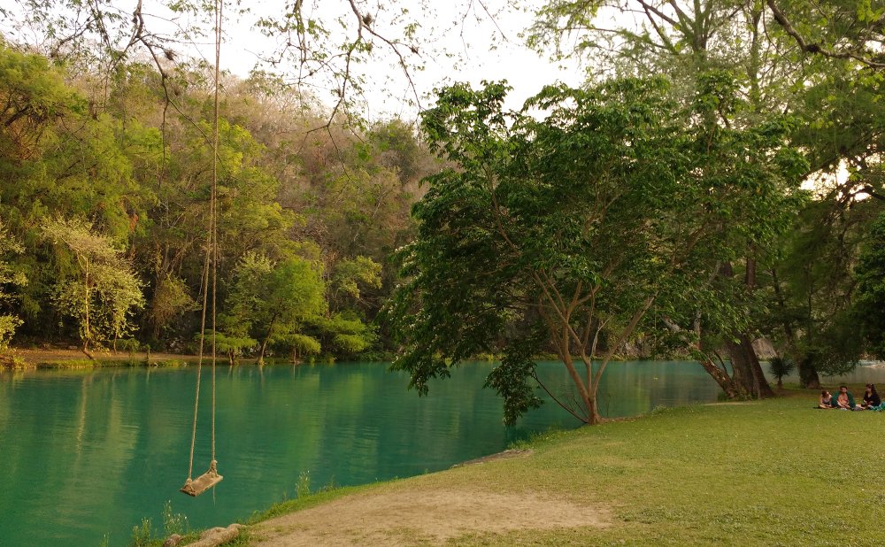 Río rodeado de árboles verdes, hay un columpio colgando de una rama y a lo lejos, hay tres personas sentadas en el césped. Esta imagen simboliza un espacio seguro y de confianza para crear cambios significativos y duraderos.